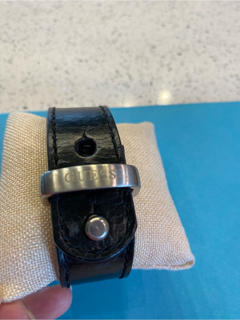 GUESS Black Leather UNISEX (Men's)  Bracelet with Silver Logo Plate